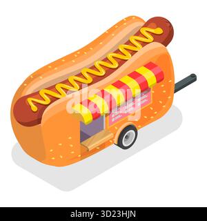 Illustrazione piatta isometrica 3D di Street Food Trucks, ristorante mobile. Punto 3 Foto Stock