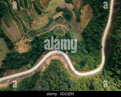 Una strada tortuosa serpeggia attraverso lussureggianti colline verdi e campi terrazzati in un paesaggio rurale. Loc B‑ nh District, Lang Son, Vietnam Foto Stock