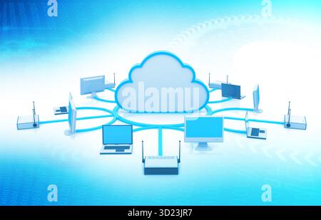 Concetto di cloud networking. Concetto di tecnologia di storage cloud. illustrazione 3d. Foto Stock