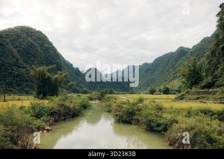Valle tranquilla con un dolce ruscello circondato da lussureggianti montagne verdi sotto un cielo nuvoloso. Phong Nam, TR˘ng KH·nh District, Cao Bang, Vietnam Foto Stock