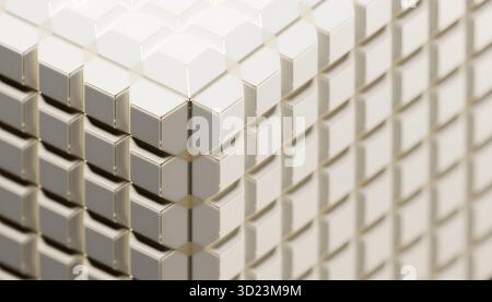 Motivo geometrico di cubi 3D bianchi sovrapposti con accenti dorati che creano un'illusione ottica. Illustrazione, rendering Foto Stock