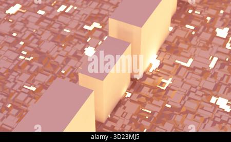 Blocchi 3D astratti e superfici luminose in un motivo geometrico con illuminazione calda. Illustrazione, rendering Foto Stock