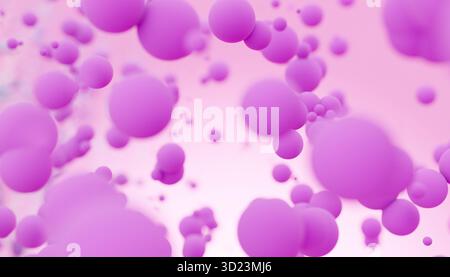 Sfere viola fluttuanti in uno sfondo astratto con messa a fuoco morbida. Illustrazione, rendering Foto Stock