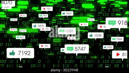 Bolle bianche fluttuanti che mostrano i contatori delle icone di tipo, commento e riproduzione sull'interfaccia binaria verde Foto Stock