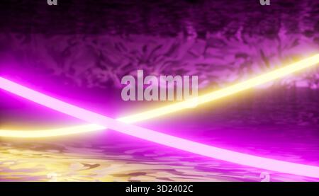Luci al neon viola e gialle che si riflettono su una superficie liquida con sfondo astratto. Illustrazione, rendering Foto Stock