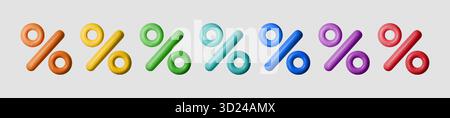 Set di icone di sconto percentuale 3D con numeri colorati in rosso, blu, verde e giallo. Simboli percentuali realistici per la vendita, l'offerta e la progettazione promozionale Illustrazione Vettoriale