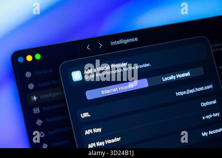 Poznan, Polonia - 18 settembre 2025: Interfaccia software moderna e scura con dettagli sulle impostazioni "Intelligence", configurazione accurata di un fornitore di modelli e Foto Stock