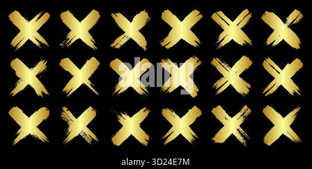 Croci grunge dorate, tratti di pennello, linee, macchie d'inchiostro, forme di scarabocchi disegnate a mano. Disegni fatti a mano, macchie acriliche, strisce di carbone. Vernice Illustrazione Vettoriale