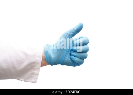 Le mani con i guanti in lattice blu conferiscono approvazione e igiene Foto Stock