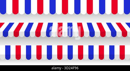 Scopri la tendina parasole. Tende da caffè a righe realistiche. Tenda all'aperto del mercato. Tettoia del tetto in colori bandiera francese. Negozio estivo. Illustrazione vettoriale. Illustrazione Vettoriale