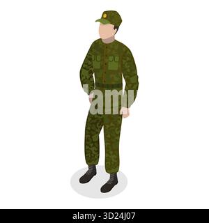 Set piatto isometrico 3D di militari, personaggi in uniforme. Punto 8 Foto Stock