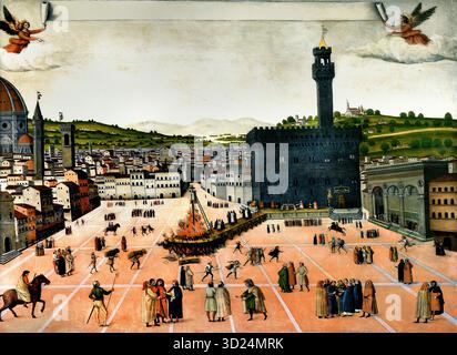 Impiccagione e incendio di Girolamo Savonarola in Piazza della Signoria a Firenze nel 1498. Anonimo 1650 Firenze Italia ( fra Bartolomeo Girolamo Savonarola 1452 – Firenze 1498) è stato un frate domenicano italiano e un influente contributo alla politica fiorentina dal 1494 fino alla sua esecuzione nel 1498. Savonarola aderì all'ordine Domenicano nel 1475 e fu inviato a Firenze per tenere conferenze presso il convento di San Marco, dove divenne noto per la sua conoscenza e ascetismo. Foto Stock