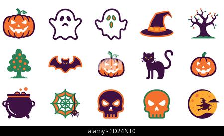 Collezione Halloween Icon Set - simpatiche zucche colorate in stile cartoncino, fantasmi, cappello da strega, gatto, pipistrello, cranio, ragno e Luna Illustrazione Vettoriale