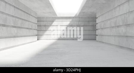 Camera in cemento astratta vuota e moderna con pareti strutturate, luce solare attraverso l'apertura del tetto e pavimento ruvido - modello di sfondo per interni industriali, 3D i. Foto Stock
