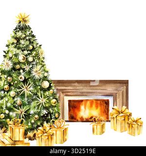 Caminetto ad acquerello con fiamma ardente, rami di abete decorati, palle dorate, ghirlande e luci, albero di Natale e regalo, scatole dorate, soggiorno accogliente Foto Stock