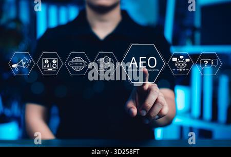 Rispondere al concetto di ottimizzazione del motore (AEO). Persona che punta a icone tra cui ai, chatbot, dati, domande frequenti, simbolo della moderna strategia SEO, ricerca vocale, Foto Stock
