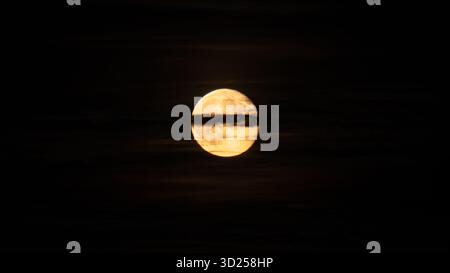 Luna piena arancione dietro una sottile striscia nuvola all'alba. Primo piano, teleobiettivo, niente gente Foto Stock