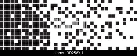 Sfondo pixel bianco e nero con effetto mezzitoni. Pattern astratto di forme quadrate casuali. Esplosione, dissoluzione, disintegrazione o scomparsa Illustrazione Vettoriale