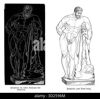 Due fasi della creazione di un taglialegna: La prima mostra la scultura ruvida di Ercole al contrario, la seconda rivela la stampa finita. Uno sguardo alla trasformazione dal legno grezzo all'arte. Foto Stock