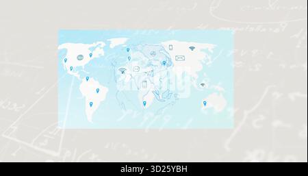 Visualizzazione della mappa del mondo su tela beige, con spille blu, Wi-Fi, busta, telefono, chat bubbles, globo Foto Stock