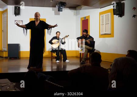La cantante di Fado si esibisce dal vivo sul palco con chitarristi portoghesi in un locale di musica tradizionale di fronte al pubblico seduto a Lisbona, Portogallo Foto Stock