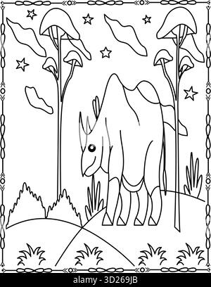 Graziosa pagina colorata Rhino per bambini e adulti. African Animal Line Art Nature Scene. Illustrazione Vettoriale