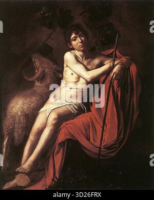 CARAVAGGIO (B. 1571, Caravaggio, d. 1610, Porto Ercole) San Giovanni Battista 1610 olio su tela, 159 x 124 cm Galleria Borghese, Roma il dipinto fu eseguito durante gli ultimi giorni della permanenza di Caravaggio a Napoli, insieme al Martirio di Sant'Orsola. Si può fare un confronto tra il giovane San Giovanni nella Galleria Borghese di Roma e i dipinti dello stesso soggetto a Kansas City e nella Galleria Nazionale di Arte Antica di Roma. Il Borghese St John è il più sobriamente premuroso. Il corpo è delicato e l'espressione è sognante, tanto da suggerire una distanza considerevole Foto Stock