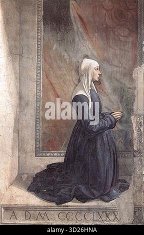 GHIRLANDAIO, Domenico (B. 1449, Firenze, d. 1494, Firenze) Ritratto della donatrice Nera corsi Sassetti c. 1485 affresco Santa Trinit?, Firenze 'in due quadri su entrambi i lati dipinse Francesco Sassetti inginocchiato, e Madonna Nera, sua moglie e i suoi figli, quest'ultimo essendo nella scena sopra dove il ragazzo è cresciuto alla vita, con alcune bellissime fanciulle della stessa famiglia' (Vasari). I due donatori sono in preghiera su entrambi i lati dell'altare, come se stessero partecipando all'Adorazione dei Pastori raffigurata sulla pala. Collegando in questo modo gli affreschi e il quadro centrale, G. Foto Stock