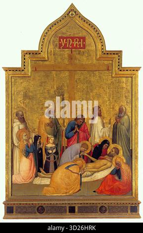 La Pietà di San Remigio è un'opera di Giottino (tempera su tavola, 195 x 134 cm), datata intorno al 1360-1365 e conservata nella Galleria degli Uffizi di Firenze. Fin dai tempi di Giorgio Vasari (vite degli artisti, 1550), è stato considerato uno dei migliori esempi di pittura fiorentina della seconda metà del XIV secolo. Foto Stock