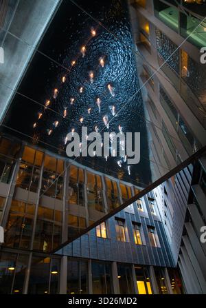 Edificio nel centro di Charlottesville, Virginia, con un riflesso di una fontana sul soffitto di vetro. Foto Stock