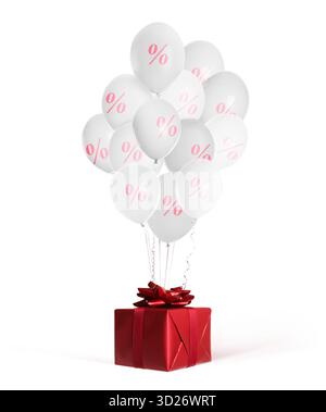 Sconto. Palloncini con cartelli percentuali e confezione regalo su sfondo bianco Foto Stock