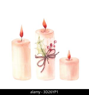 Set di candele di Natale. Illustrazione ad acquerello dipinta a mano. Elementi isolati su sfondo bianco. Per design stagionale, biglietti d'auguri, poster e stampe. Foto Stock