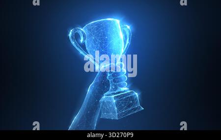 Mano con la coppa del trofeo. Trofeo 3d vettoriale astratto isolato su sfondo blu. Champions Award, concetto di vittoria sportiva. Illustrazione Vettoriale