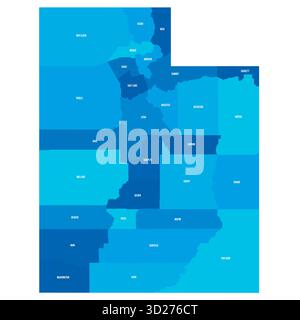 Utah, UT - Mappa politica dettagliata dello stato degli Stati Uniti. Mappa amministrativa divisa in contee. Mappa blu con le etichette del nome della contea. Illustrazione vettoriale Illustrazione Vettoriale