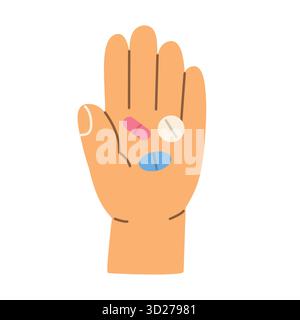 aprire mano umana tenendo varie pillole, capsule, e compresse vitaminiche; sanità, farmaci, integratori e concetto di farmacia Illustrazione Vettoriale