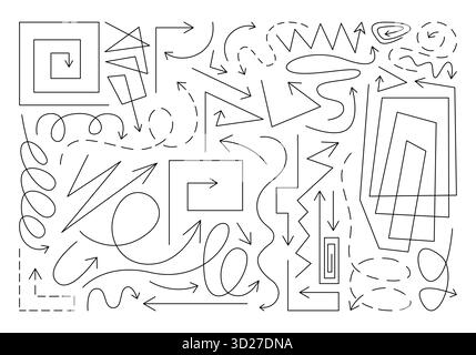 Set monocromatico di frecce, adesivi e simboli. Icone ed elementi grafici disegnati a mano per la modifica e la decorazione, la marcatura, le note e gli schizzi. Foto Stock