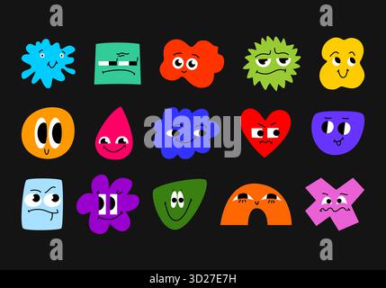 Set di varie forme di doodle luminose con emozioni per il viso in stile cartoni animati. Figure geometriche diverse. Illustrazione piatta e alla moda disegnata a mano per i bambini. Foto Stock