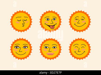 Set di sei soli a cartoni animati piatti con volti espressivi facciali unici, divertenti e simpatici. Perfetto per temi estivi, progetti per bambini, adesivi, poster, giochi. Foto Stock