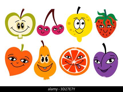 Carino set di personaggi di frutta e frutti di bosco con volti. Divertenti adesivi piatti e illustrazioni per bambini. Arancia, limone, fragola, pesca, mela Foto Stock