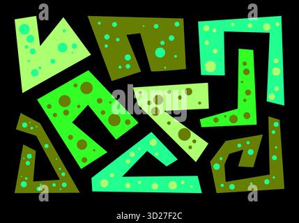 Forme a bolla vocale in varie forme geometriche in stile cartoni animati retrò. Forme geometriche verdi astratte con gocce, elementi grafici. Adesivi stravaganti. Foto Stock