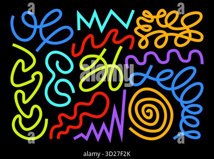 Set disegnato a mano Doodle, linee diverse piatte. Rainbow collezione retrò in elementi geometrici astratti. Curva, ellisse, zigzag. Cartoni animati per bambini. Foto Stock