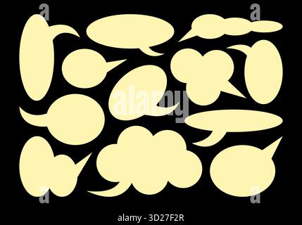 Forme a bolla in stile cartoni animati retrò. Silhouette astratte, fumetti, messaggi, foglie, elementi grafici. Set di adesivi per le evidenziazioni del testo. Foto Stock