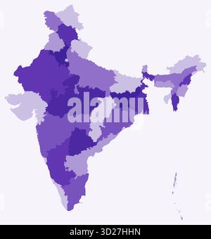Mappa dell'India con gli stati. Solo una semplice mappa di confine con la divisione dello stato. Tavolozza di colori viola intenso. Illustrazione Vettoriale