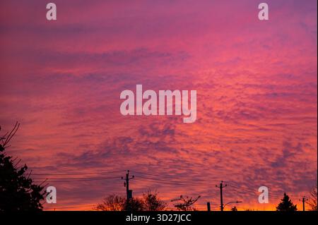 Un vivace cielo al tramonto pieno di nuvole rosa, arancione e viola sopra uno skyline sagomato, creando un'atmosfera calda e tranquilla. Foto Stock