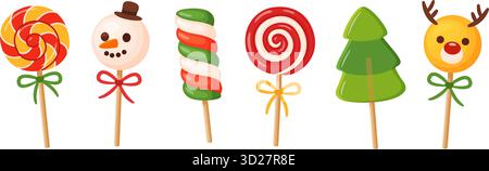 Set colorato di lecca-lecca natalizia. Forma di cervo, pupazzo di neve, albero, spirale. Illustrazione vettoriale di tendenza disegnata a mano, perfetta per biglietti di auguri, confezioni, stampe, adesivi e decorazioni. Illustrazione Vettoriale