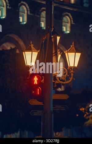 Un semaforo rosso con un cartello pedonale. La spia è accesa e anche il segnale è acceso. La scena è ambientata di notte e le luci sono accese Foto Stock