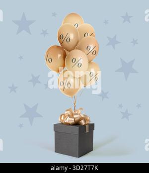 Sconto. Palloncini con cartelli percentuali e confezione regalo su sfondo grigio Foto Stock