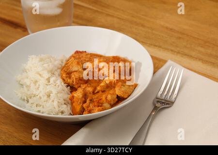 Primo piano di curry di pollo preparato e piatto di riso bianco Foto Stock