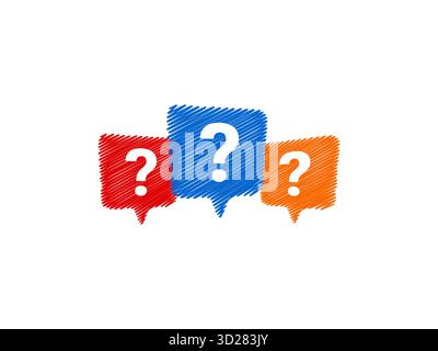 Punti interrogativi bianchi disegnati all'interno di bolle di scrittura rosse blu e arancioni che rappresentano la richiesta di aiuto o il concetto di curiosità perfetto per la creatività Illustrazione Vettoriale