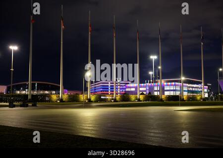 Sirius, Russia - 24 gennaio 2025: Illuminazione notturna dei luoghi del parco olimpico di Sochi: Ice Cube Curling Center, Baikal Bar&Restaurant; sport calcio gr Foto Stock